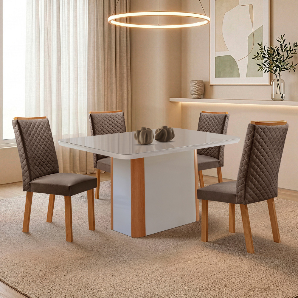 Mesa de Jantar Isadora 120cm Tampo MDF e Vidro Canto Copo com 4 Cadeiras Lira Moderna Mobília