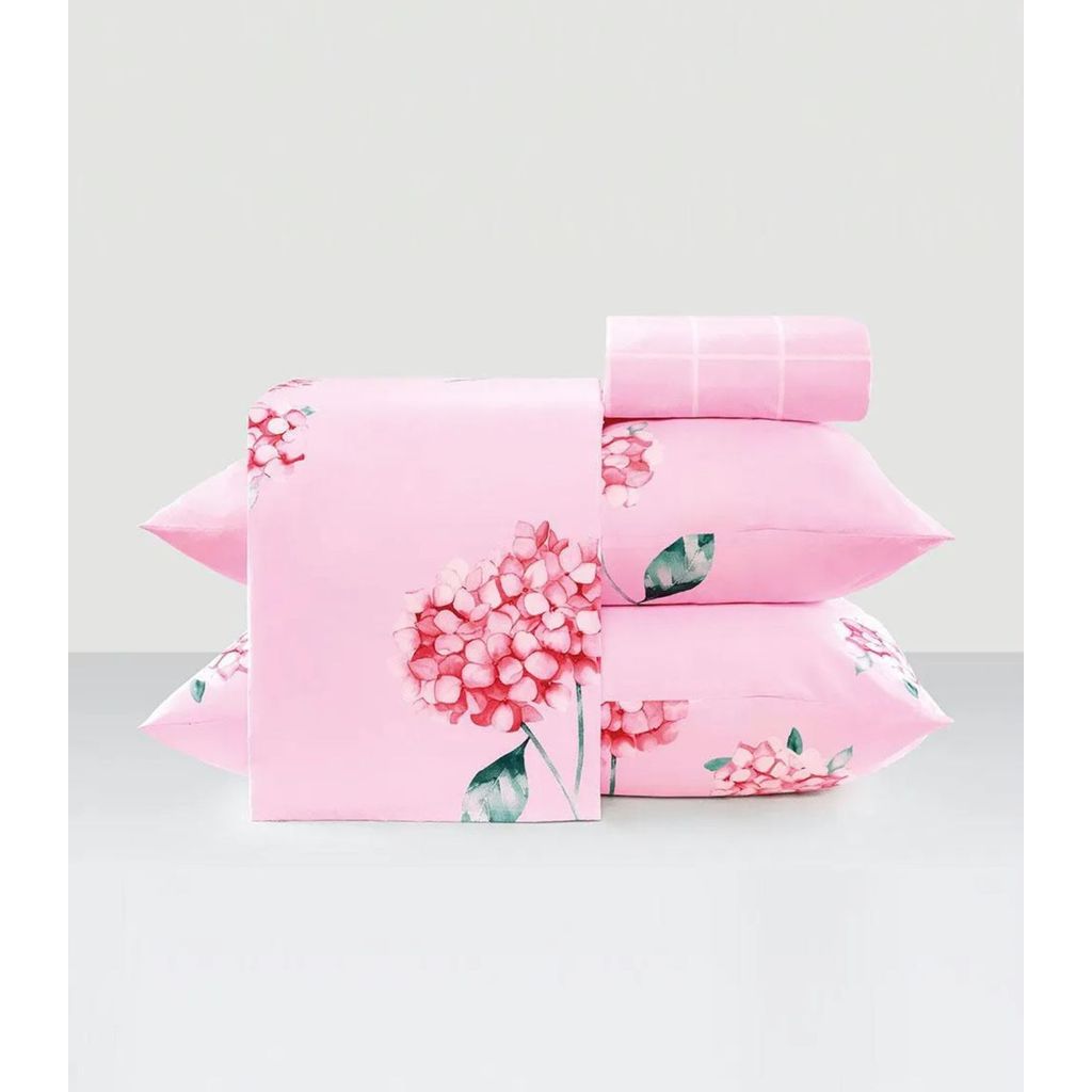 Jogo De Cama Casal 200 Fios Flores Lar E Lazer Rosa