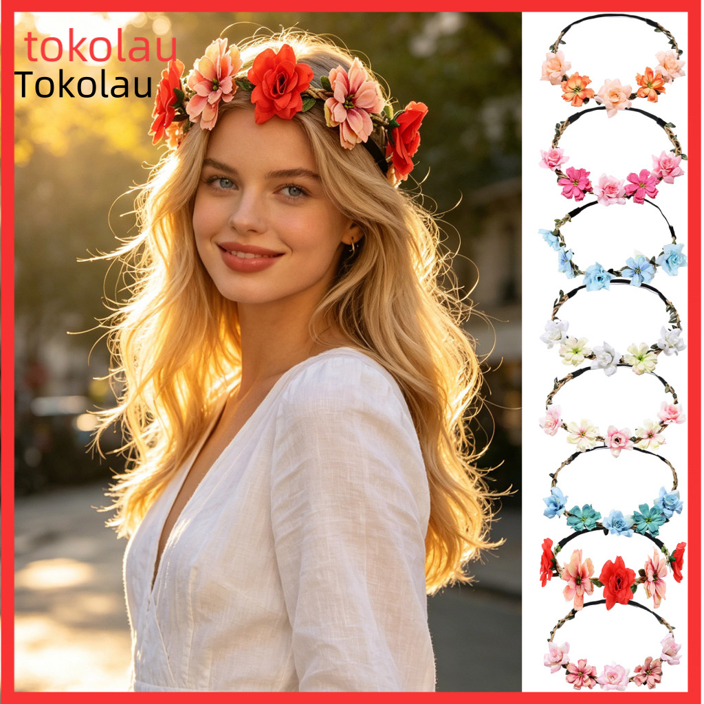 Bright Color Flower Crown Artificial Boho Bridal Floral Headband Elastic Strap Wedding Hair Wreath for Bridesmaids Girls