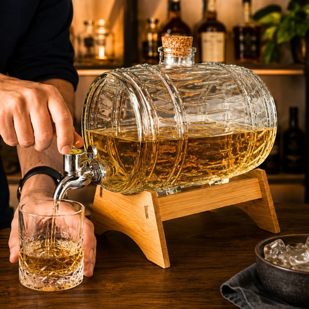 Barril para Cachaça Vidro c/ Torneira e Suporte Madeira 3L