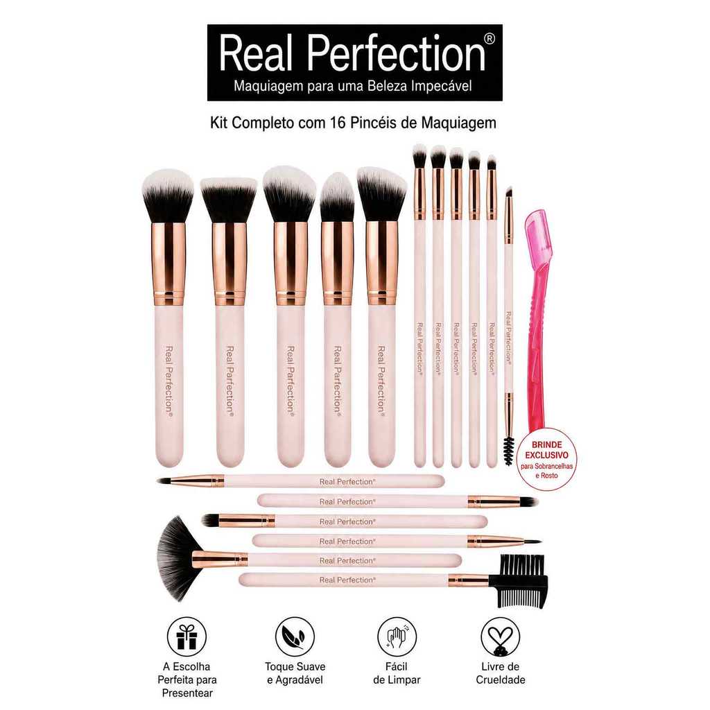 Kit Pincéis de Maquiagem Real Perfection 16 Peças  Profissional Macio Base Blush Sombra com Navalha