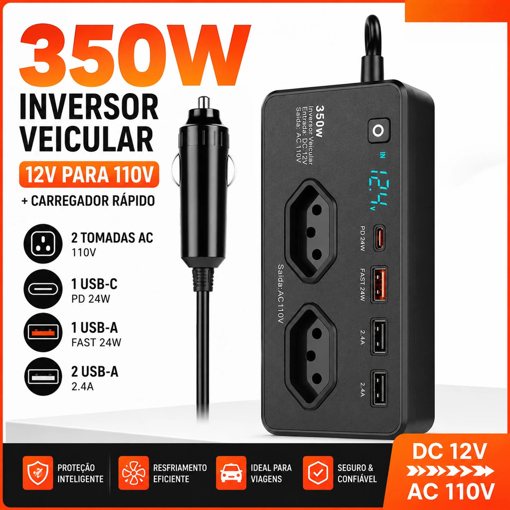 Inversor Energia Veicular 350w 12v  Para 110v  Com 2 Tomada, 2 Usb-A E 2 Usb-C Turbo