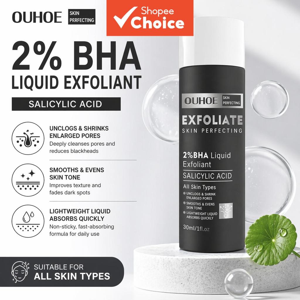 OUHOE Esfoliante Líquido Facial 2% BHA 30ml com Ácido Salicílico - Soro Minimizador de Poros, Tratamento Facial Antiacne