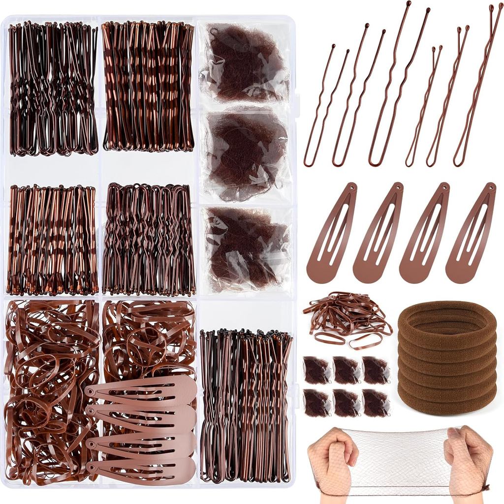 NEBURORA 466 Pcs Dance Hair Accessories Kit Bobby Pins and Hair Nets Set Elastic Rubber Bands Brown Hair Clips Hair Ties