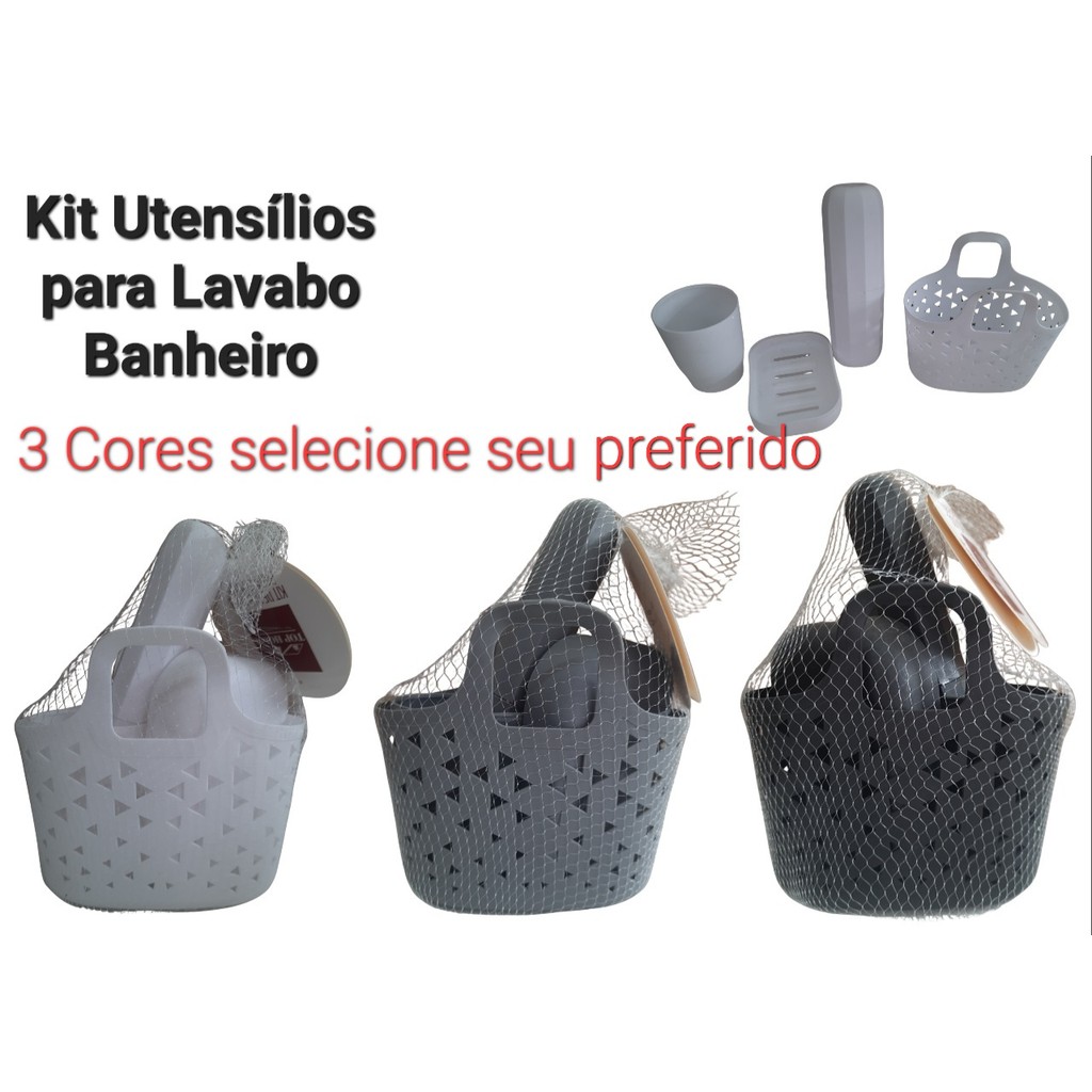 Kit Banheiro Lavabo Plástico Cesto Saboneteira Pote e Porta Escova