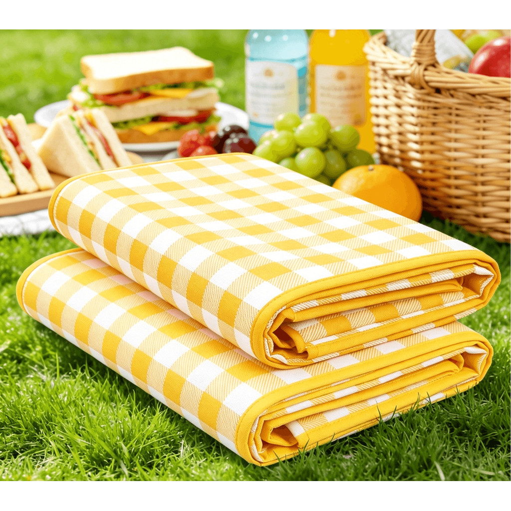 Kit 2 Tapetes Piquenique 2x2m Impermeáveis Amarelo| Prova D'água Dobrável com Alça para Praia