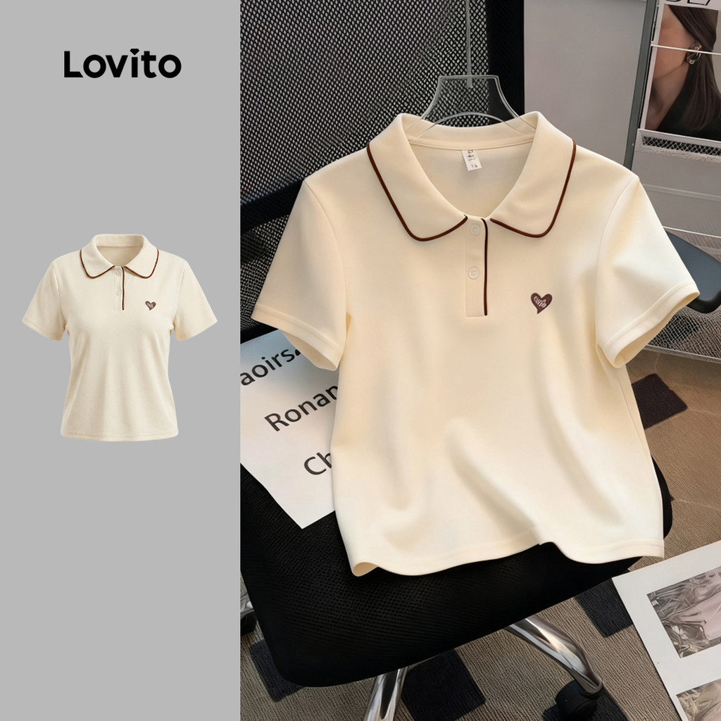 (Casual) Lovito Camiseta Branca Com Detalhes Contrastantes Para Mulheres Ideal P