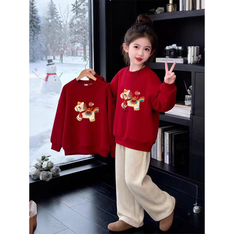 Ano novo vermelho crianças forro de lã moletom moda Casual meninos meninas topos primavera outono 2026 novo estilo médio