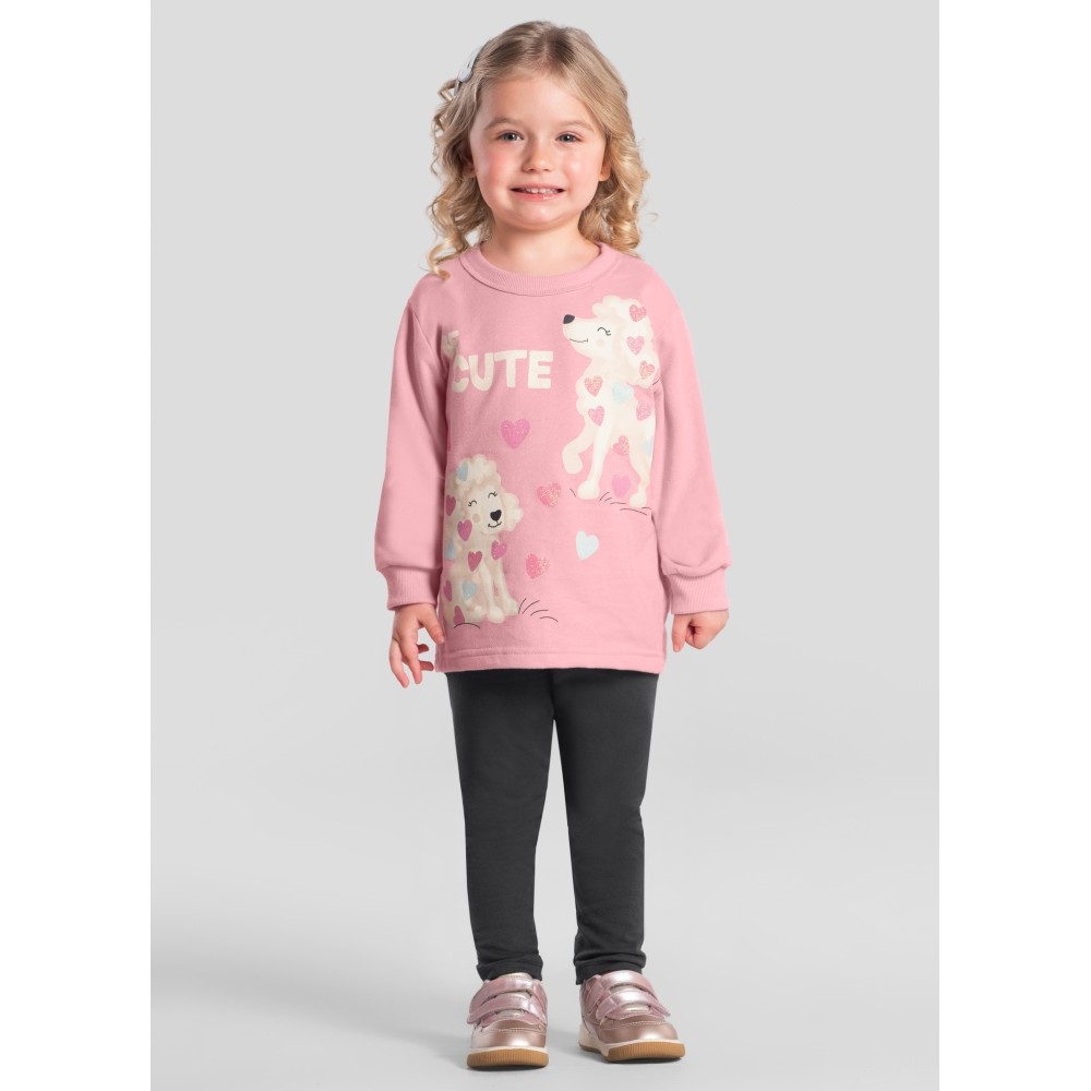 Conjunto Infantil Menina Brandili Inverno com Calça Legging e Moletom Flanelado Rosa Cachorrinha