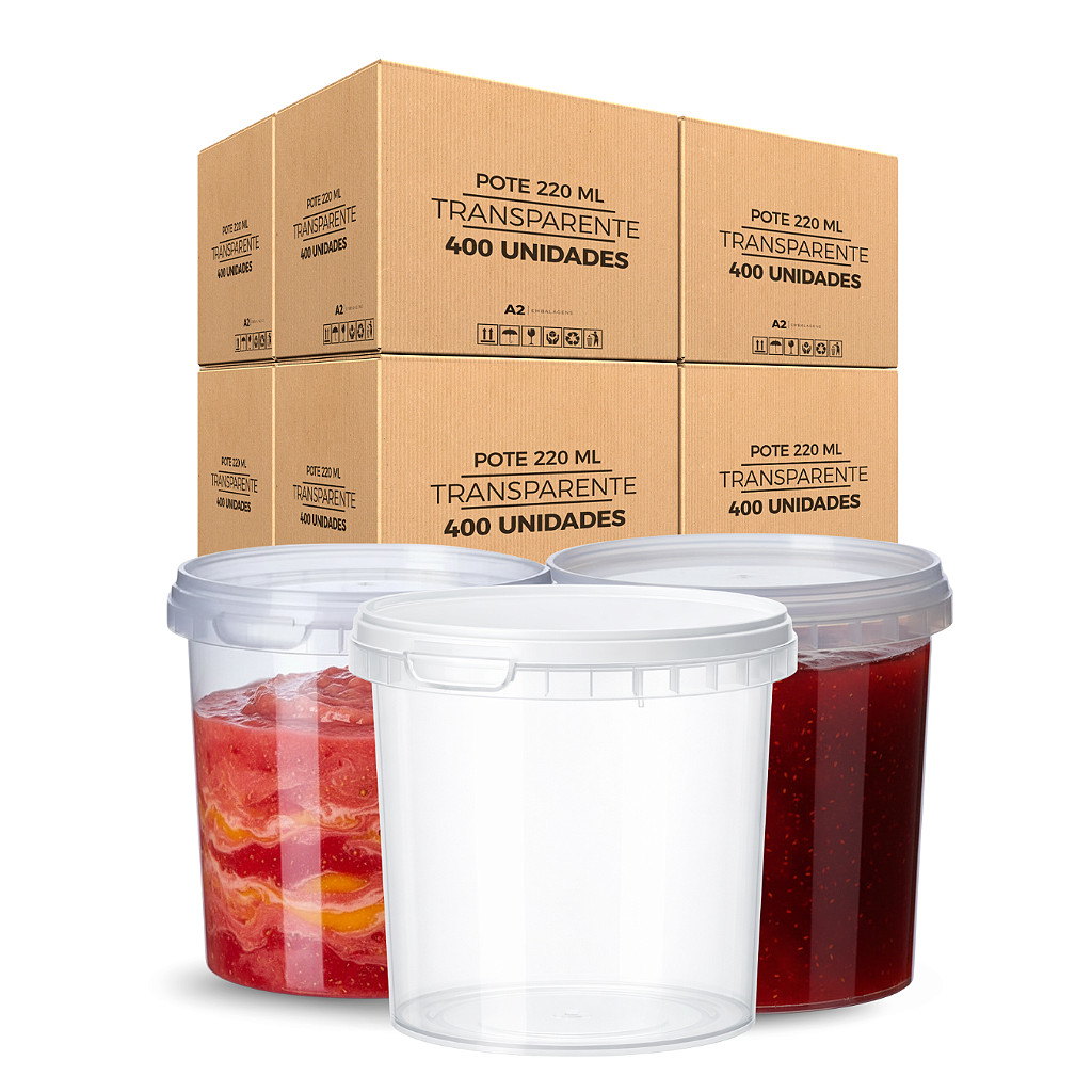 Potes Plásticos para Alimentos 220ml Transparente com Tampa Lacre - 400 Und