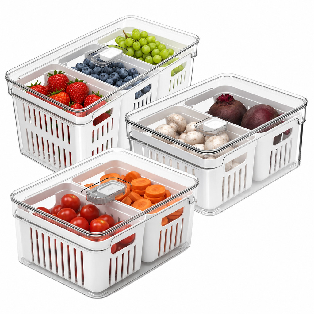 Kit 2 Organizador 2,2L 5L Geladeira Clear Fresh Cozinha Frutas Legumes Vegetais Alimentos Herméticos