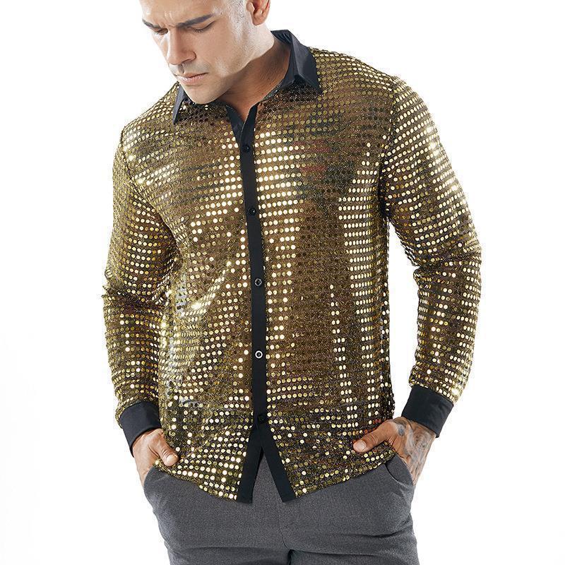 Camisa masculina de manga comprida para Performance em escala, gola de manga comprida, festa discoteca dos anos 70 26529