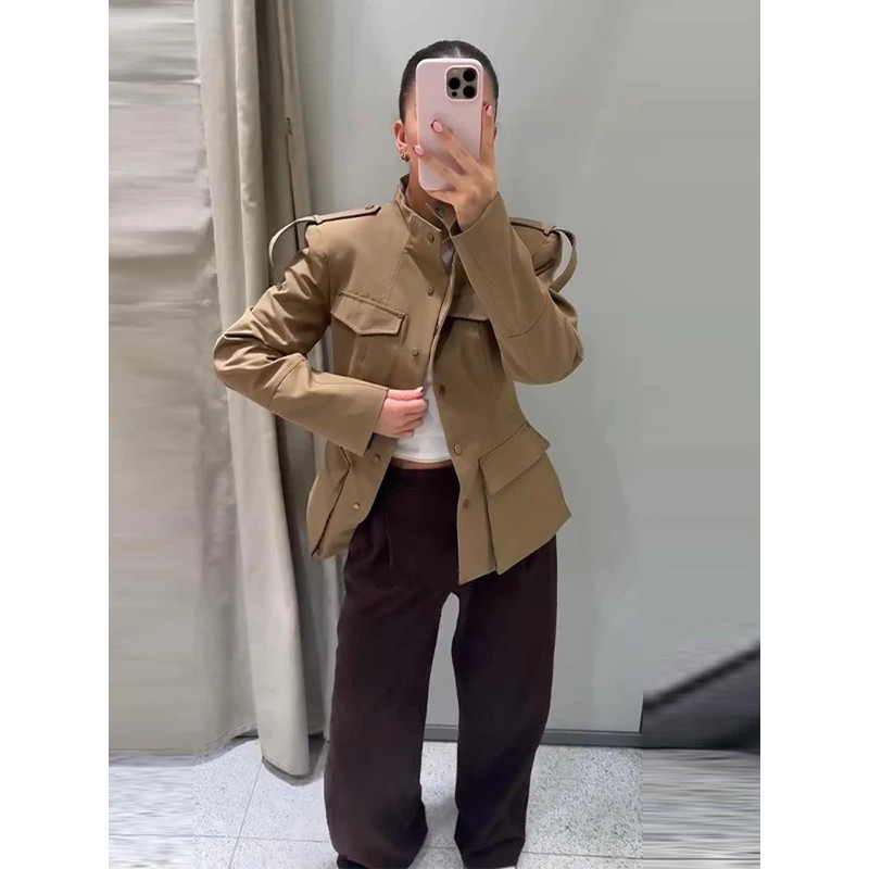 Jaqueta Feminina com Gola Alta, Mangas Longas, Ombreiras, Alças nos Ombros, Múltiplos Bolsos, Blazer, Casaco de Escritór
