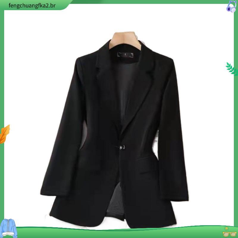 S-3XL Casaco Blazer Feminino Long Slim Spring Autumn Fashion Casual Elegante Escritório Formal De Trabalho Preto