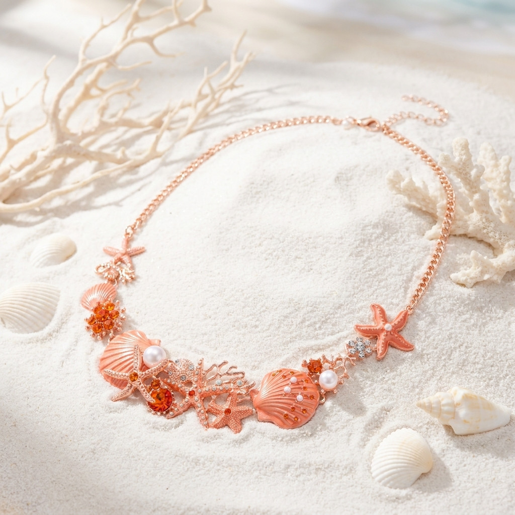Conjunto de Colar, Brincos e Pulseira Gmai Vintage com Estrela-do-mar Vermelha, Coral, Pérola e Concha, Joias de Moda Y2