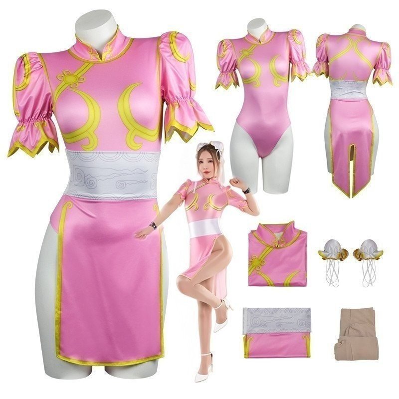 Vestido Cheongsam Rosa Sutorito Faita da personagem Chun-Li de Street Fighter para Mulheres e Meninas, Fantasia Qipao Ch