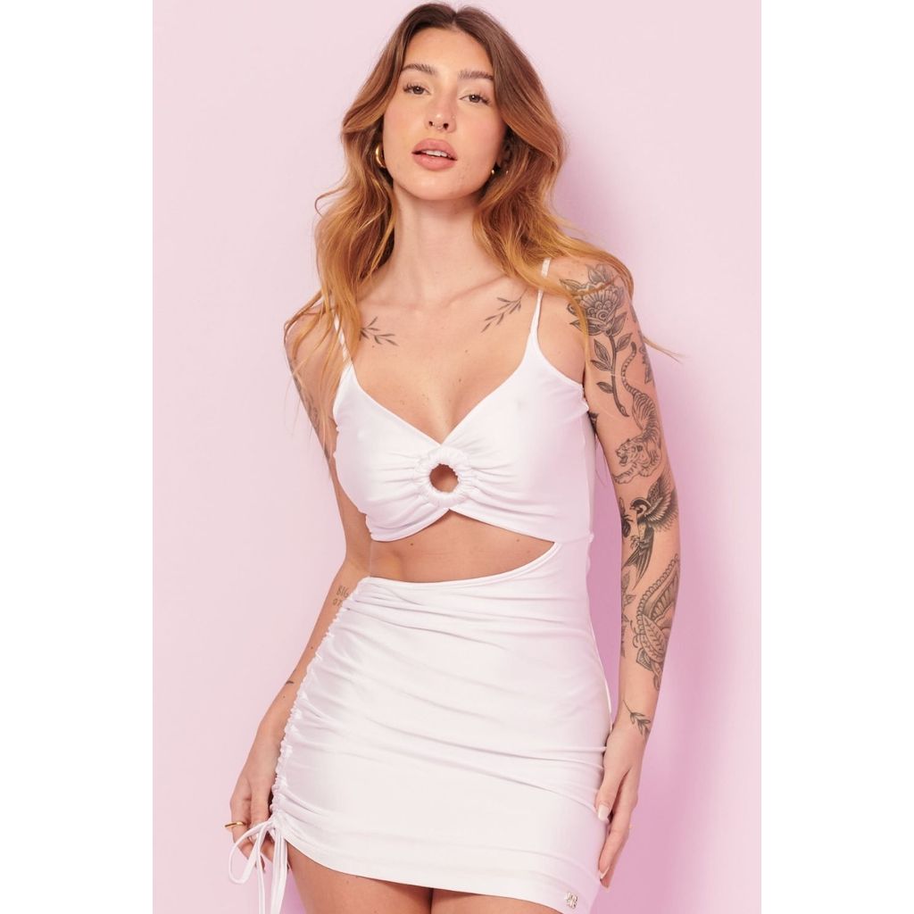 Vestido Curto Argola Frontal e Franzido Lateral Planet Girls Branco