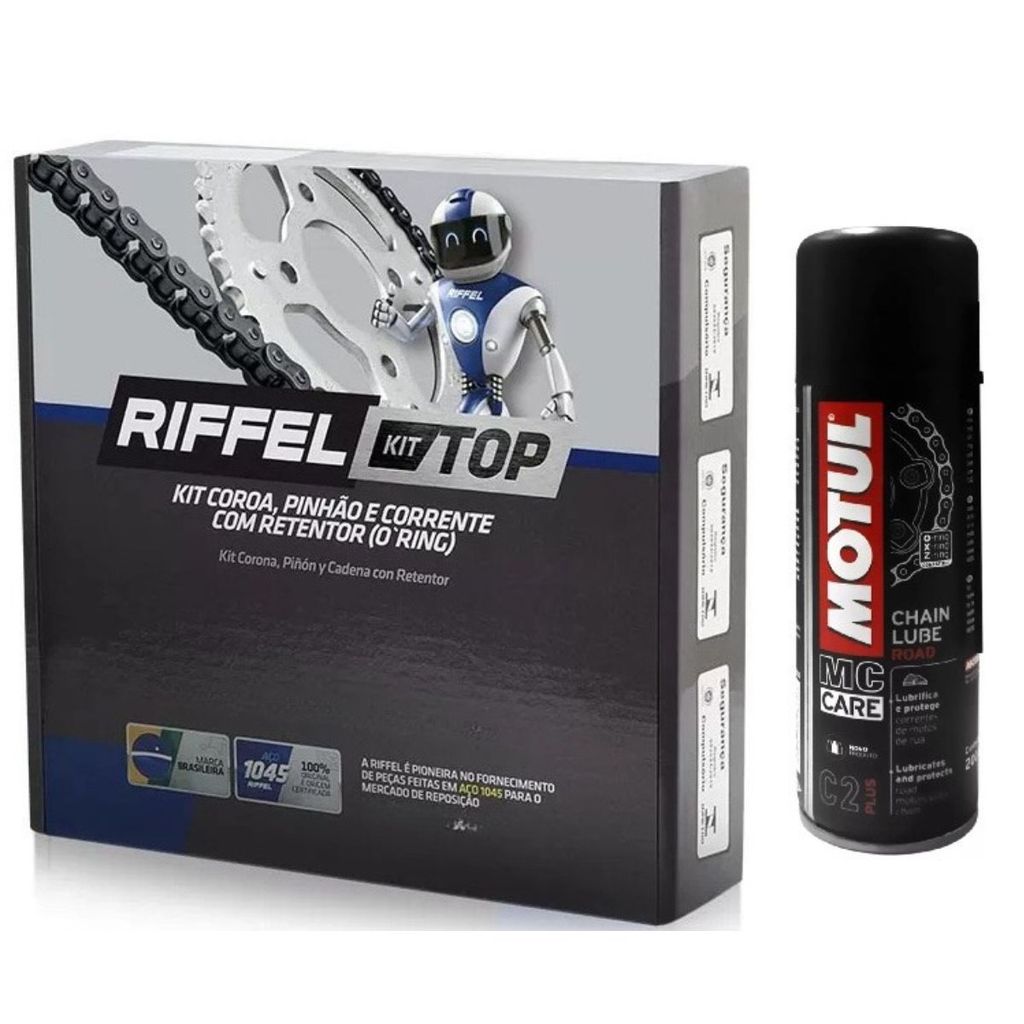 KIT TRANSMISSAO TRAÇÃO RELAÇÃO YAMAHA FAZER 250 2018 A 2021 COM RET TOP RIFFEL + MOTUL C2 200ML