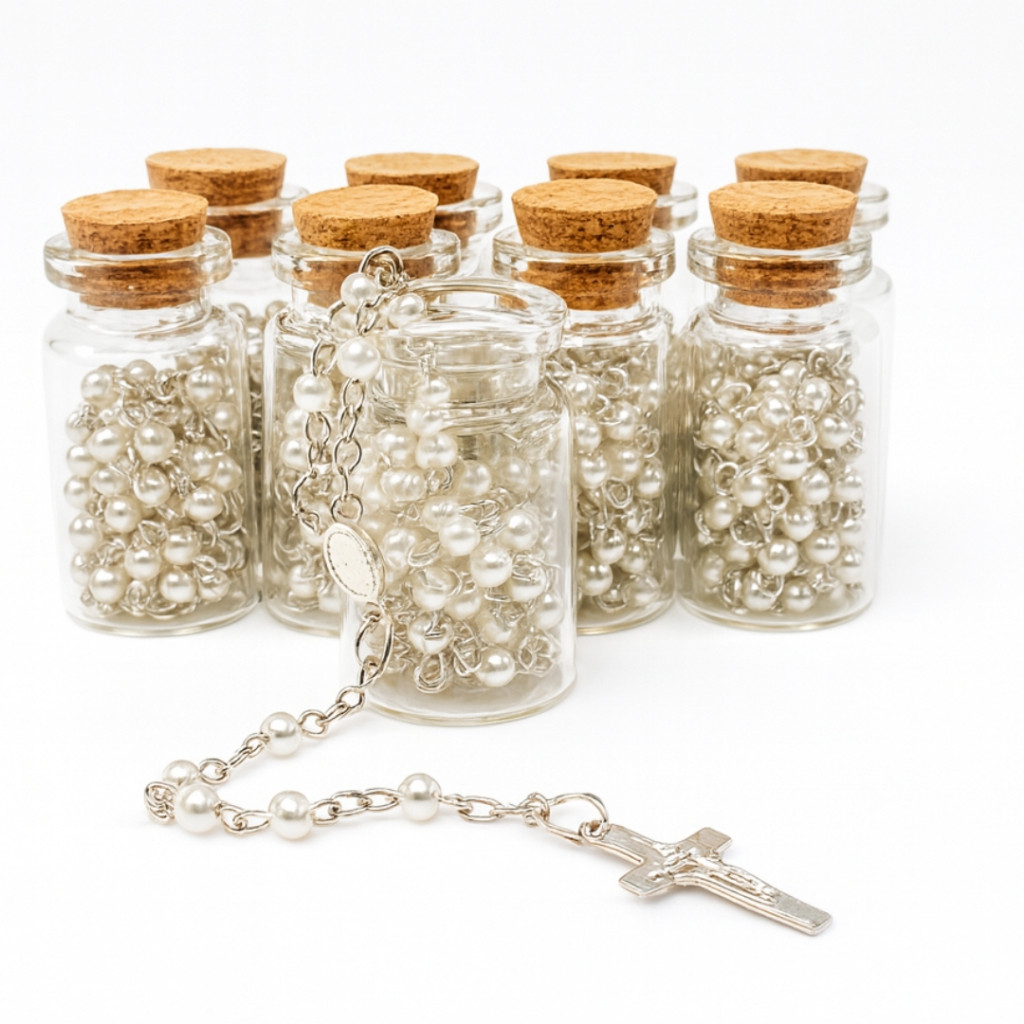 Kit Terço Vidrinho Pérolas Pescoço Lembrancinha Eucaristia Crisma Casamento Batizado