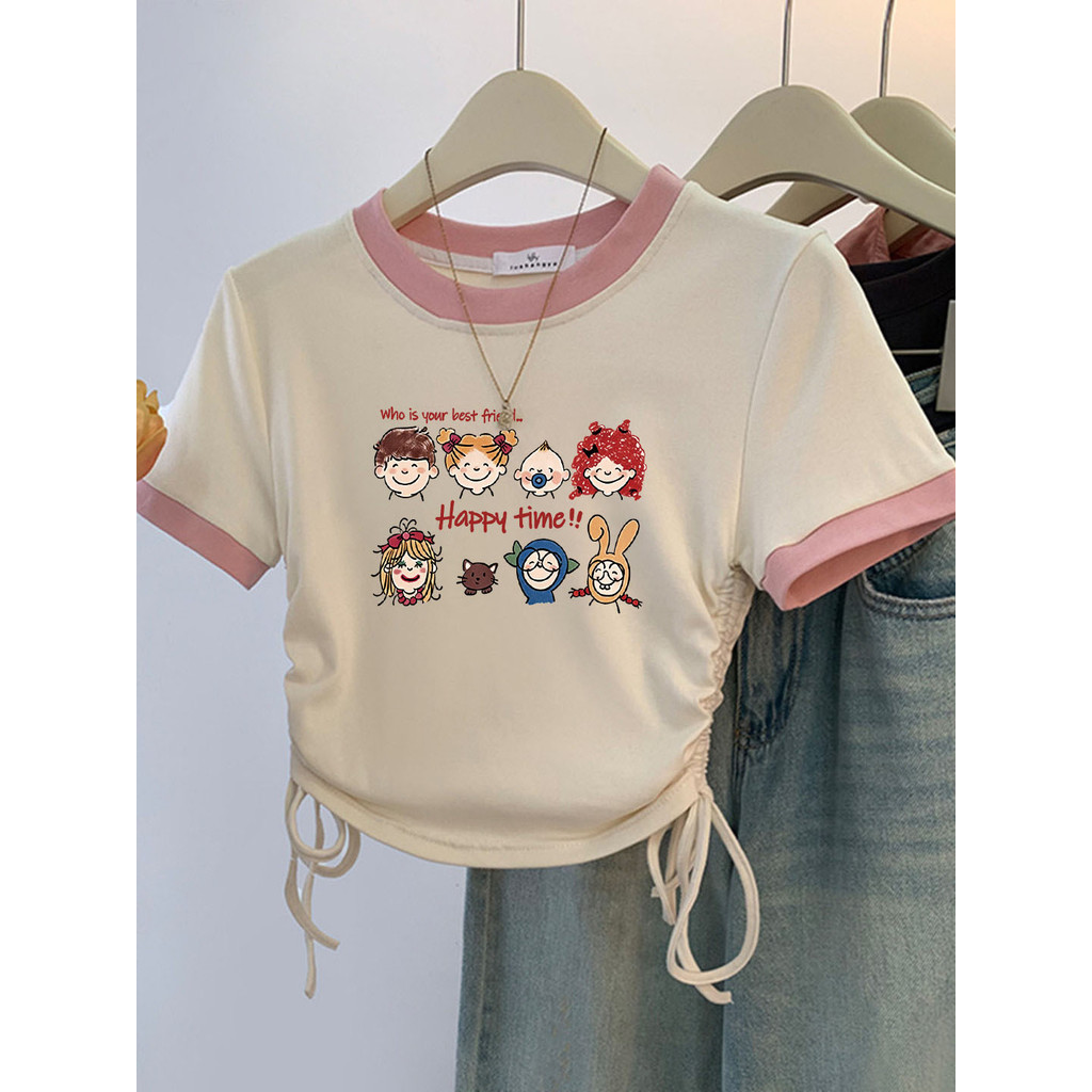 Meninas puro algodão de manga curta camiseta verão grandes crianças moda moda All-Match meninas cordão de bloqueio de co