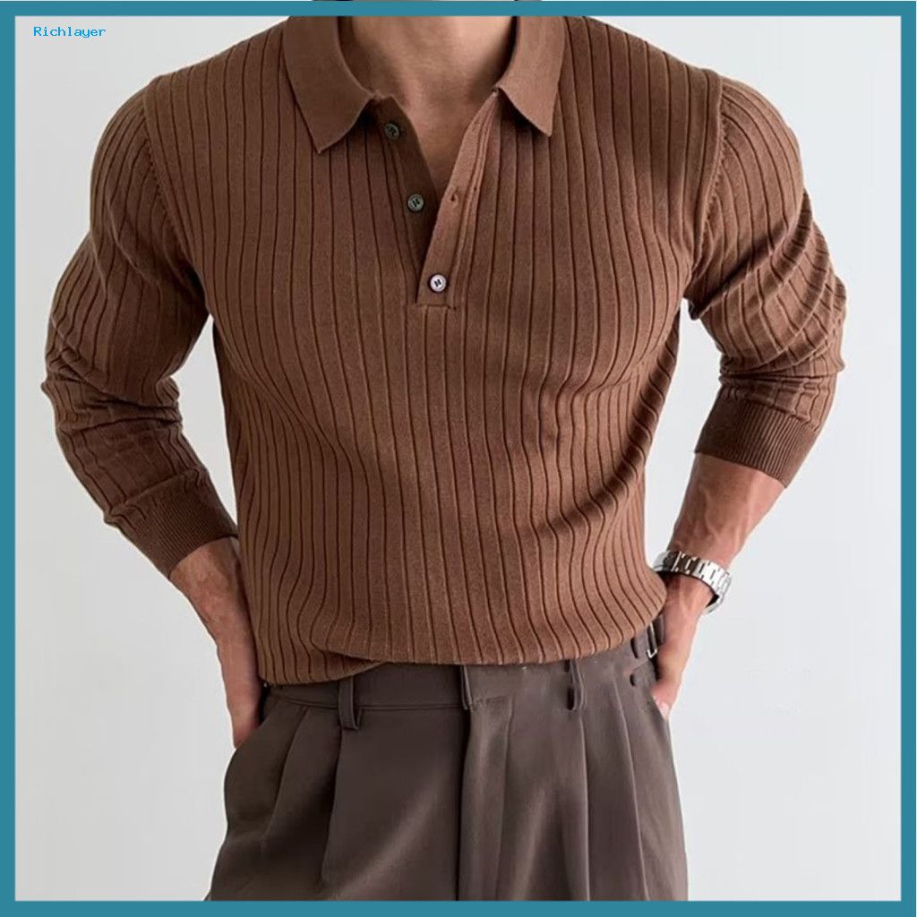 Solid Color Long-sleeved Shirt Top Men's Slim Fit Striped Knitted Long Sleeve Pullover Turn-down Collar Buttoned for Spr