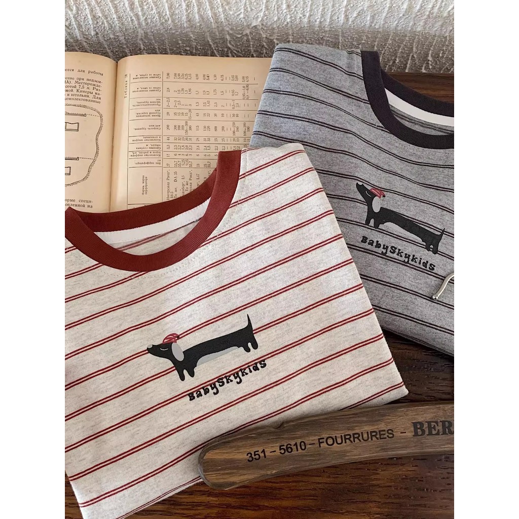 Crianças listrado camiseta primavera outono novo estilo versão coreana meninos roupas de outono Dachshund cão camisa de 