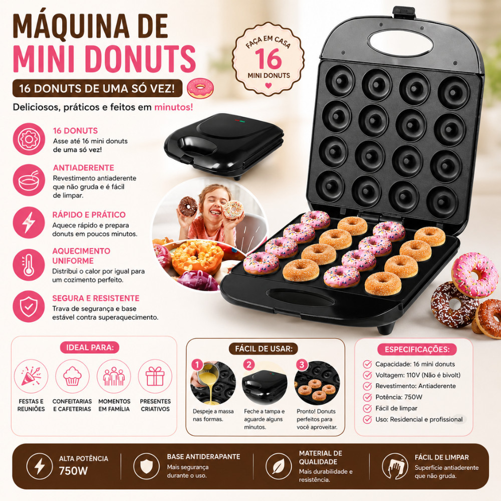 Máquina De Mini Donuts Elétrica 16 Cavidades Antiaderente 110V Donut Maker Confeitaria 750W