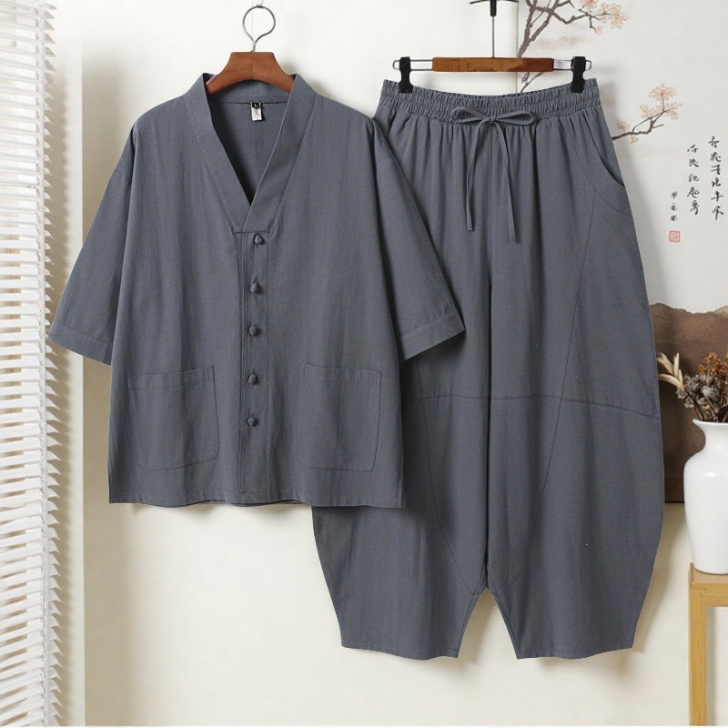 Terno de linho de algodão Roupas masculinas para casa Roupas de prática de Tai Chi Roupas de meditação masculinas Pijama
