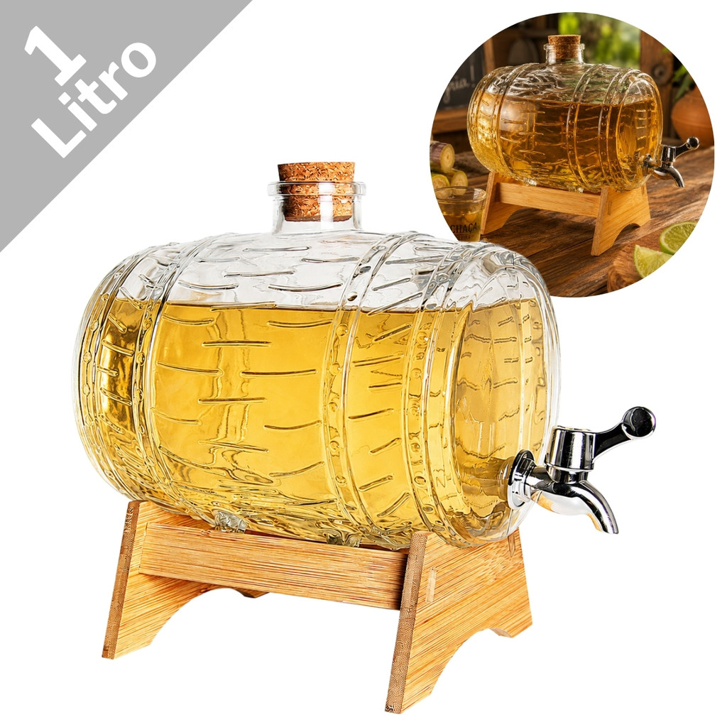Barril Para Servir Vinho 1L Licor E Cachaça Com Base De Madeira