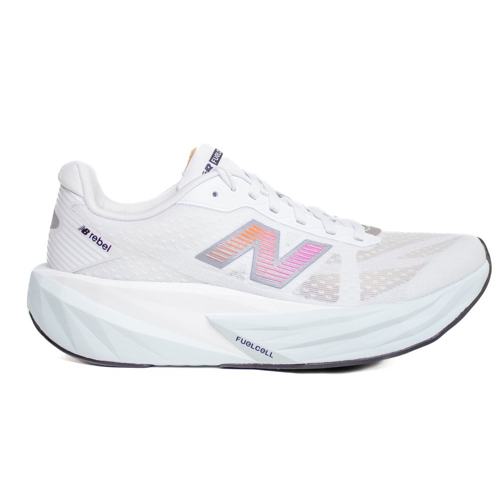 Tênis New Balance FuelCell Rebel V5 Feminino Branco Rosa Running Leve Responsivo Competição