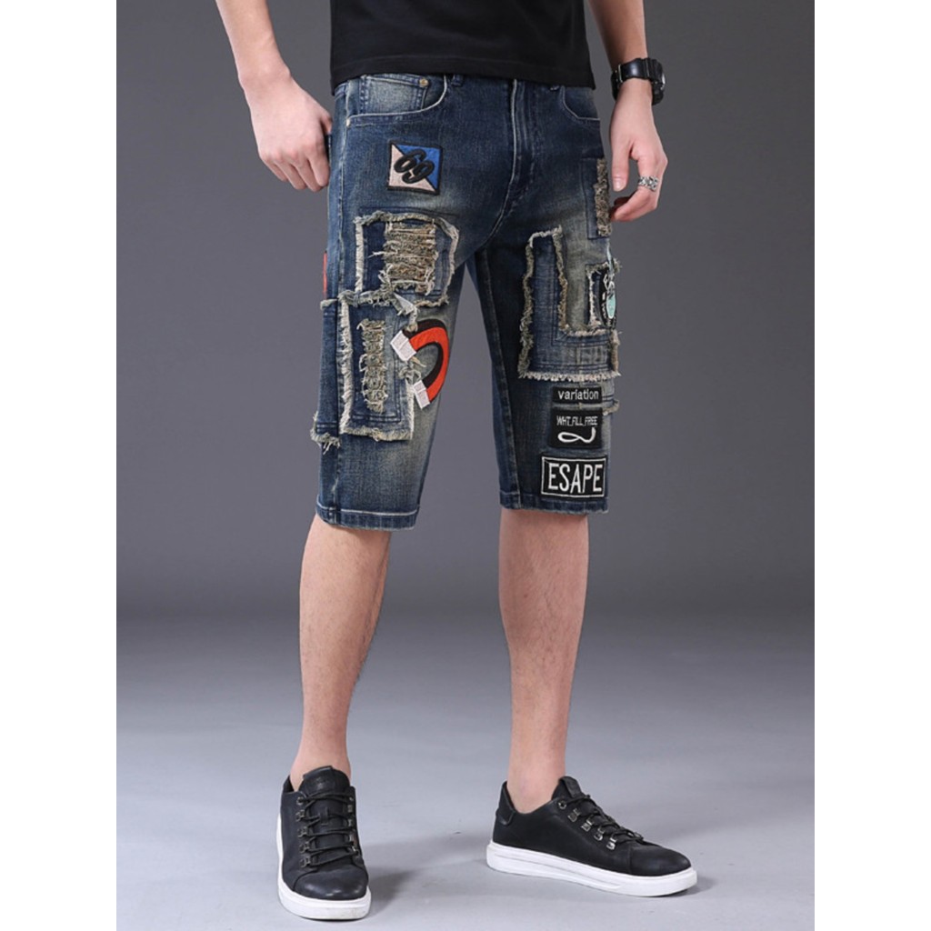 American Street Wear Rasgado Patch Denim Shorts Masculino Cropped Calças Médias High Street Beggar Stretch Bordado Reto