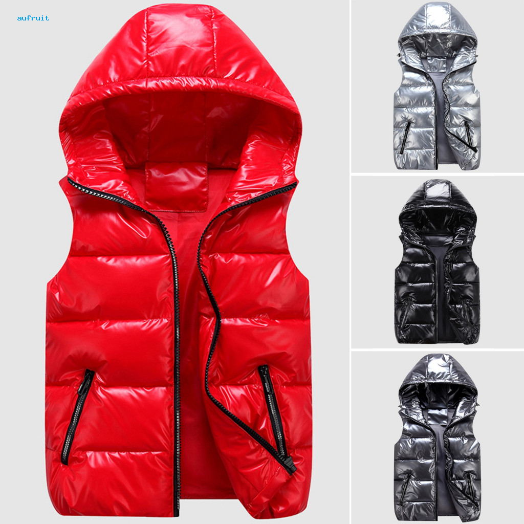 Winter Vest with Hood Unisex Weather Waistcoat Women Men Bright Color Hooded Coat Pockets Zipper Placket Down Padded Lig