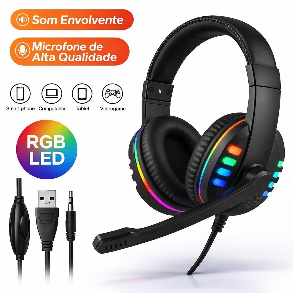 Fone De Ouvido Gamer Led RGB Com Microfone USB E P2 Para PC Celular Computador Videogame