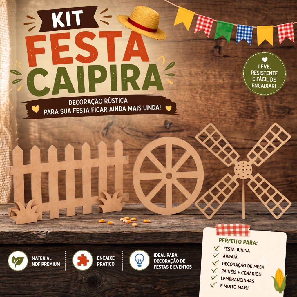 Decoração Fazendinha Caipira – Kit com Cerca, Hélice e Roda