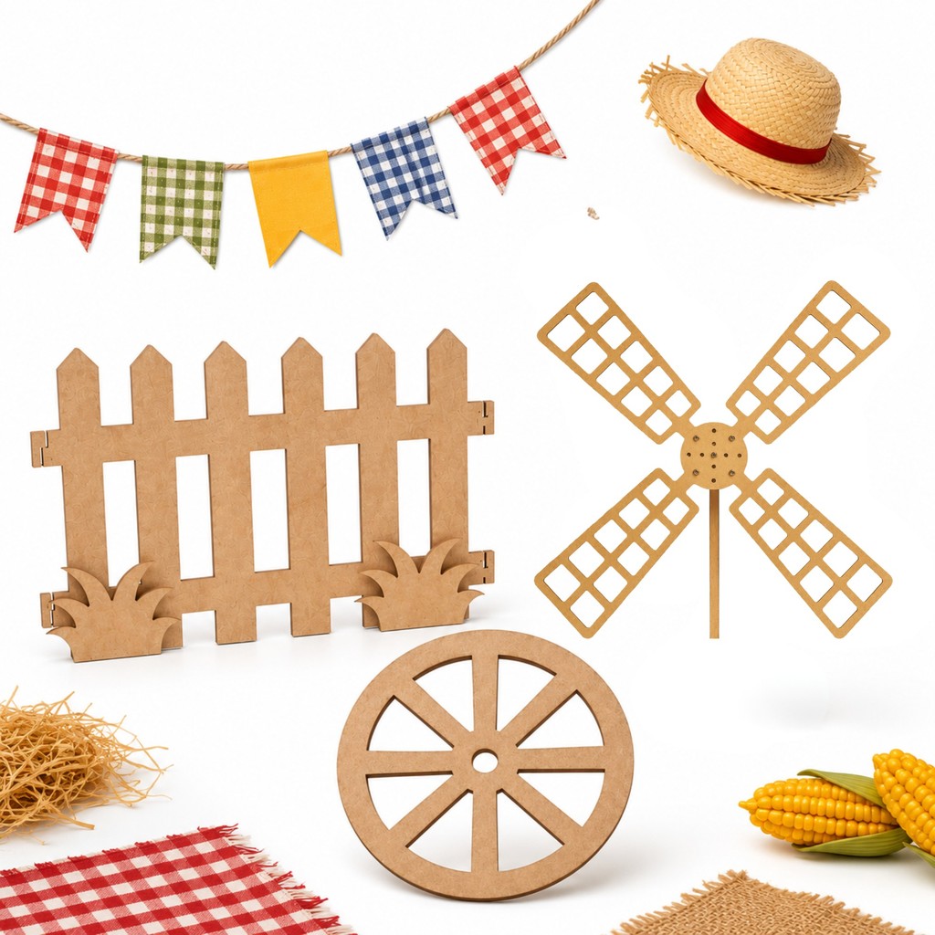 Kit Cenográfico Fazendinha – Cerca + Hélice + Roda de Carroça