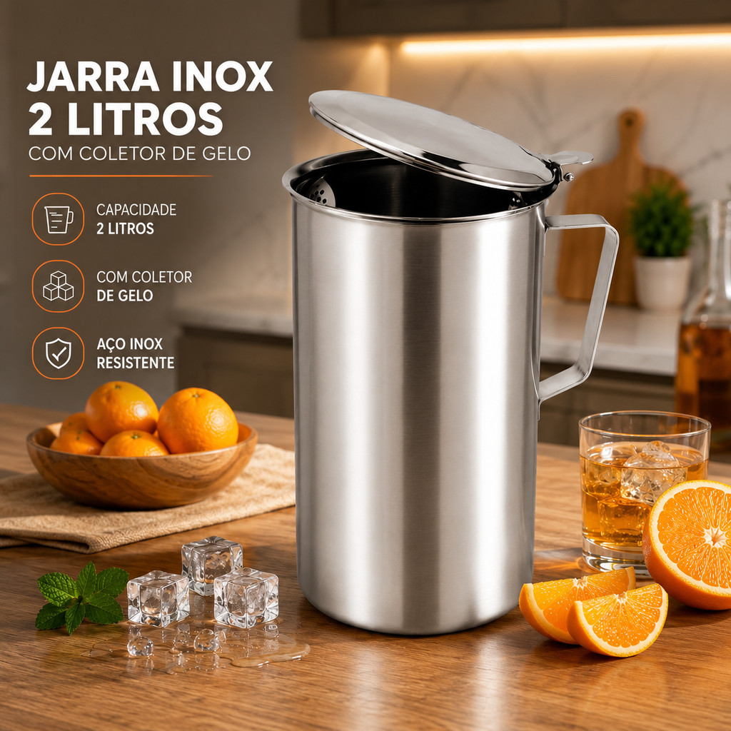 Jarra de Inox 2L Buffet festa Restaurante Suqueira Bebidas Água Chá Tampa servir garçom drinks refrigerante hotel