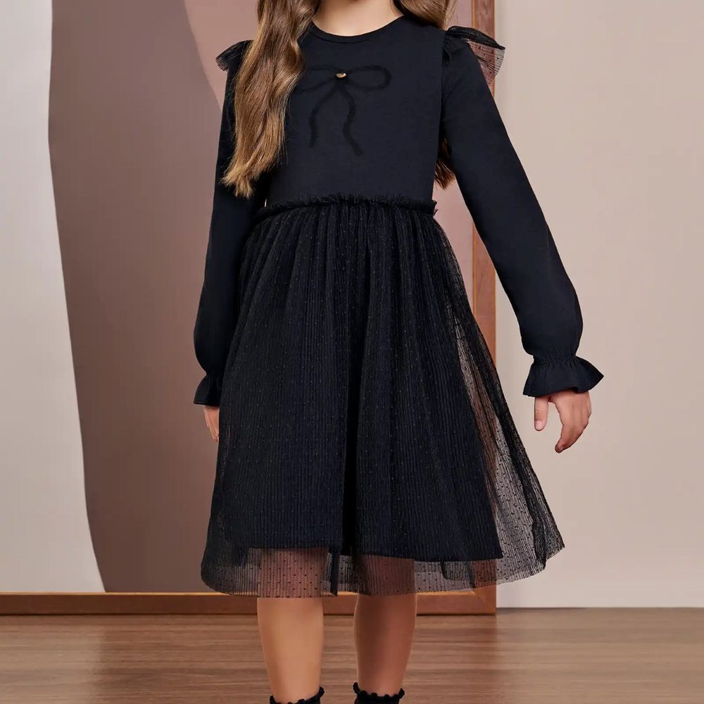 Vestido Infantil Menina Festas Manga Comprida em Cotton e Tule Poá Plissado Preto- Inverno 26 Infanti