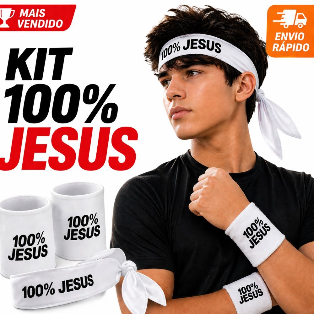 Faixa 100% JESUS E PAR DE MUNHEQUEIRAS FAIXA DE CABELO HEADBAND TIARA FAIXA NEYMAR ADULTO INFANTIL JOVEM CRIANÇA BRASIL
