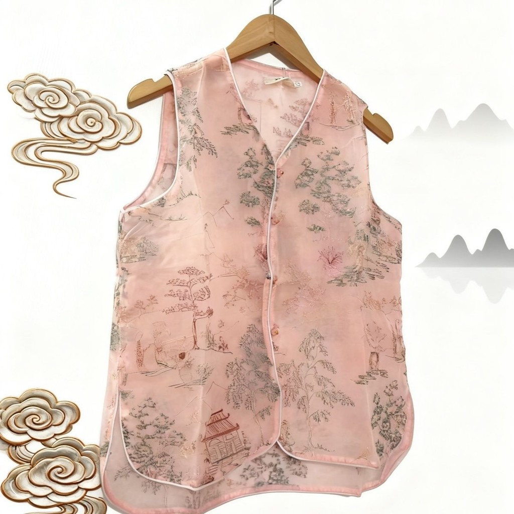 Novo Estilo De Colete De organza Fina Para Mulheres , lig Chinês , Indústria Pesada , Bordado , Fivela , Sem Mangas , To