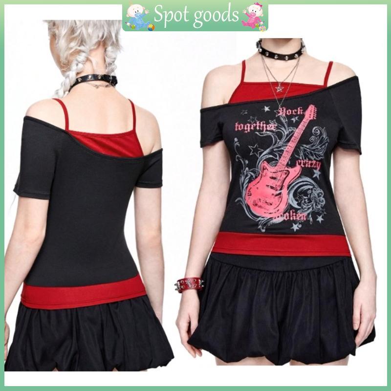 vivi Camiseta Feminina Ombro Curta Punk Rock Guitarra Gráfica Grunge Estética Falsa Duas Colheita Verão