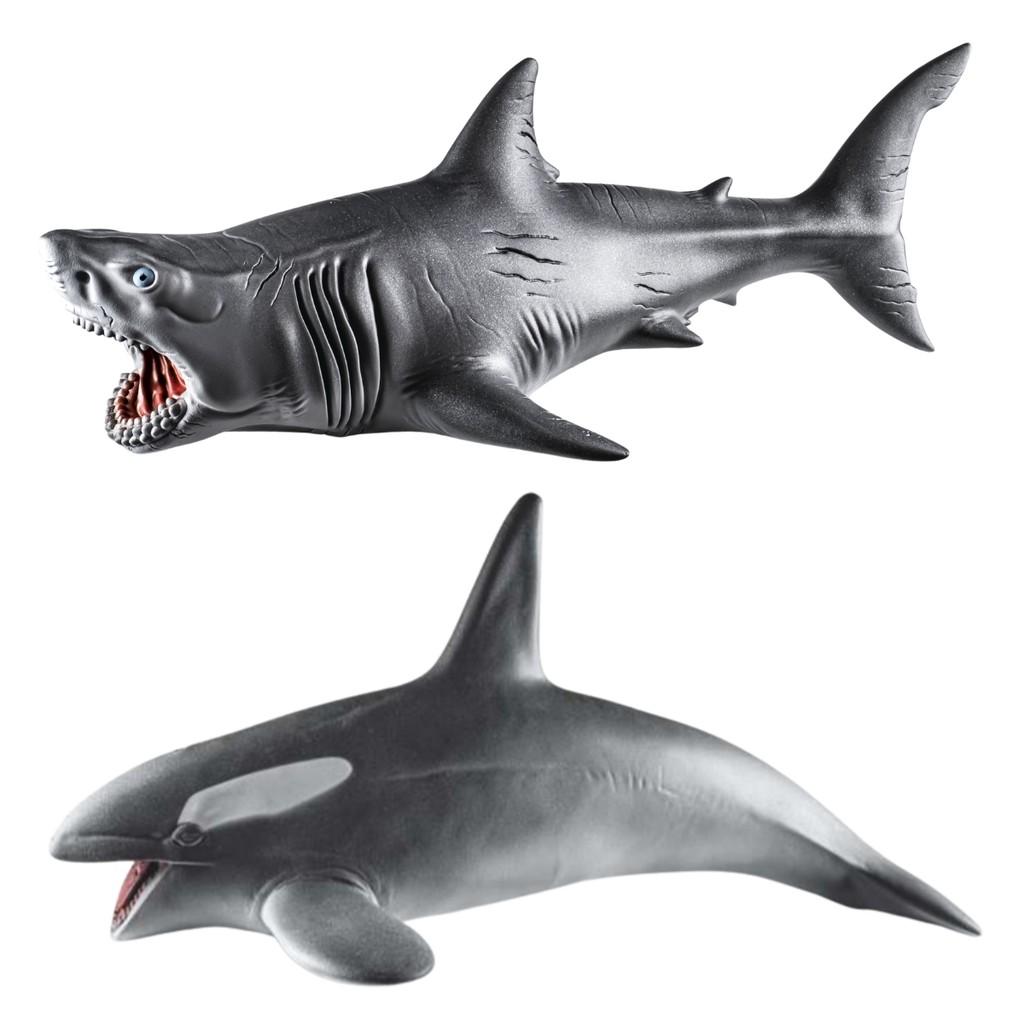 Kit Com 2 Feras Aquáticas Tubarão Megalodon e Baleia Orca 43cm Grande Em Vinil Macio Atóxico Brinquedo Infantil - Cometa