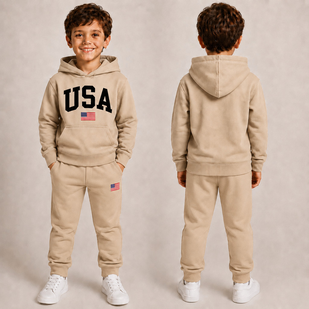 Conjunto Infantil Moletom USA Flanelado Com Capuz Calça Jogger Menino Menina Inverno Casual Premium