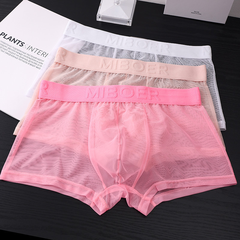 Cuecas boxer masculinas ultra-transparentes, roupa íntima de malha respirável de seda gelada para o verão, roupa íntima