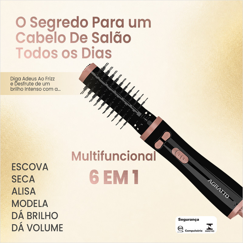 Escova Secadora Rotativa Rosa e Preto Escova RotatóriaAgratto 6 em 1 Escova Cabelo Bivolt · foto 2