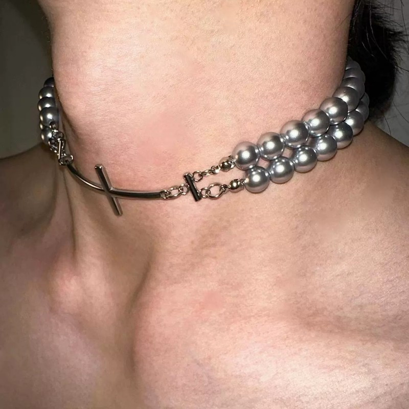 Colar de pérolas cruzadas de pérolas prateadas estilo exclusivo colar combinado estilo unissex