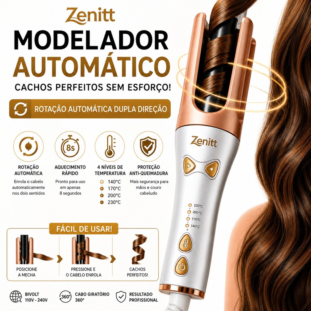 Zenitt Modelador de Cachos Automático Giratório 110V/220V Cacheador Profissional Aquecimento Rápido