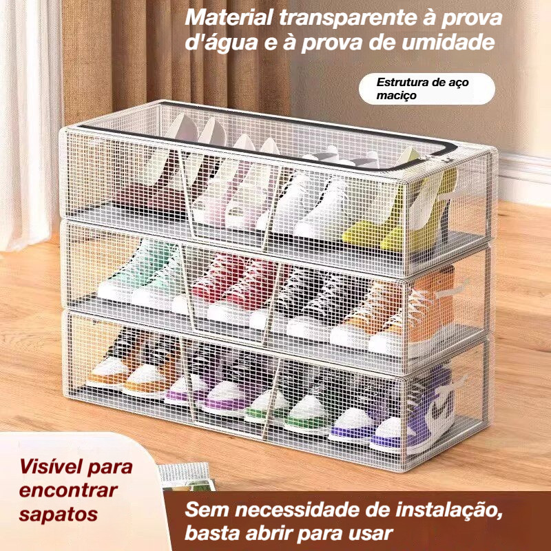 Caixa de armazenamento com zíper empilhável para sapatos transparente multifuncional em concha
