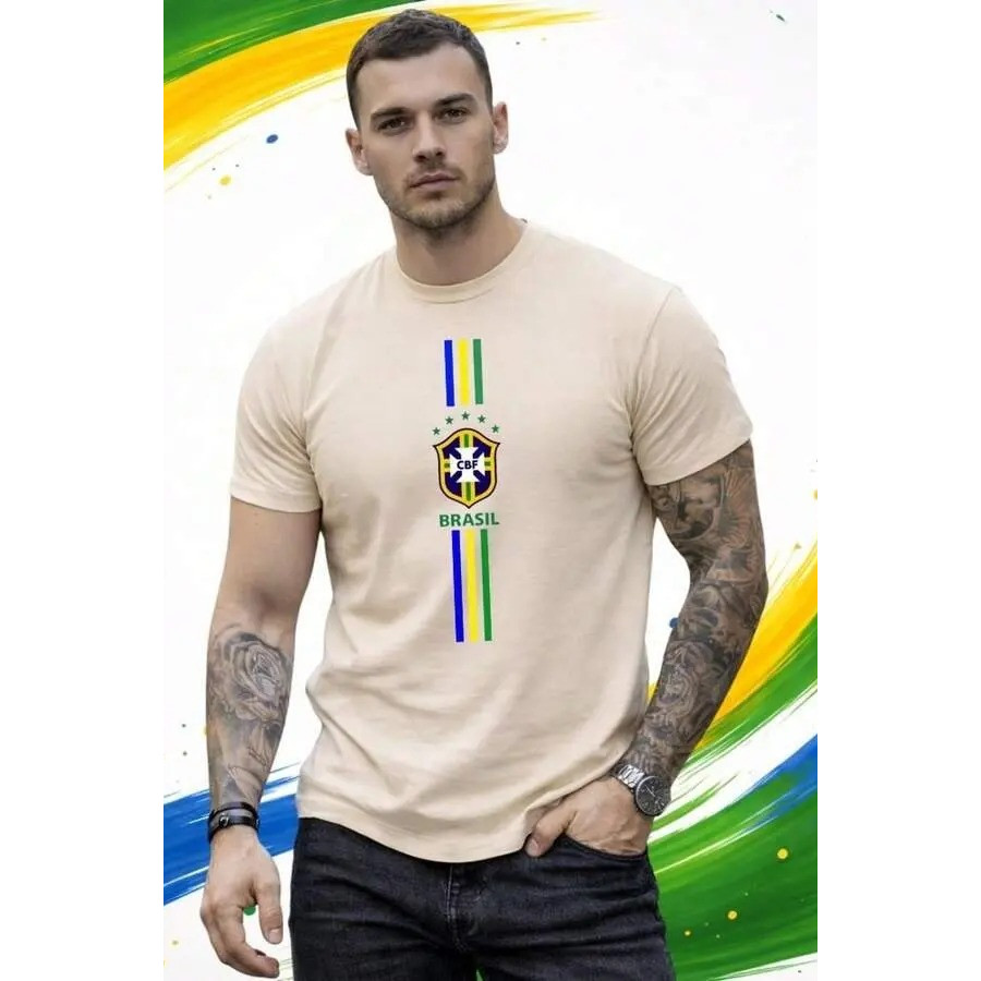 Camiseta Masculina  Blusa 100% algodão Estampa Copa do Mundo Futebol Camisa Brasil Moderna Versátil