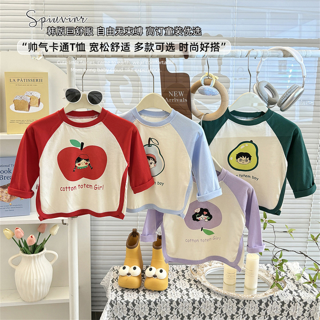 Meninas puro algodão camiseta 2026 primavera outono novo estilo crianças impressão dos desenhos animados costura de mang