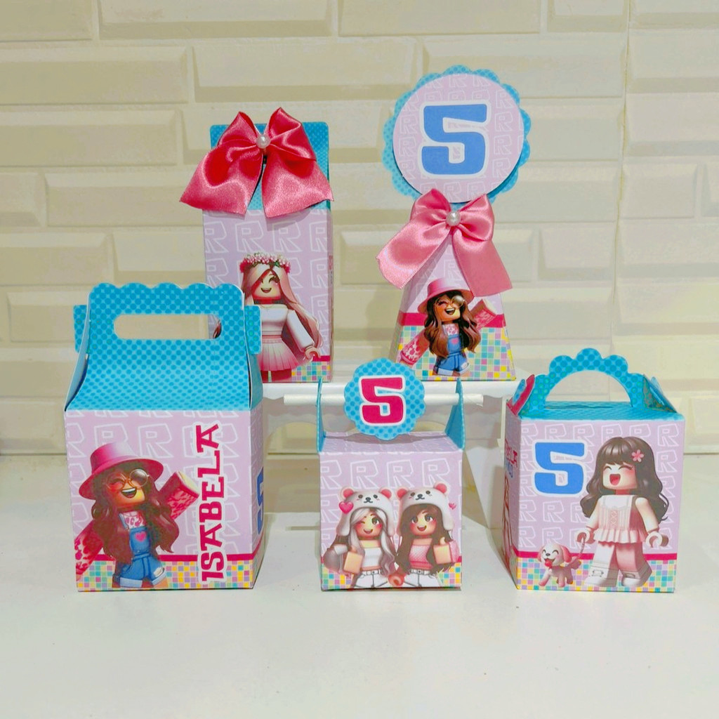 Kit Festa Roblox Menina Rosa Pegue e Monte– Caixinhas Personalizadas Lembrancinhas de Aniversário